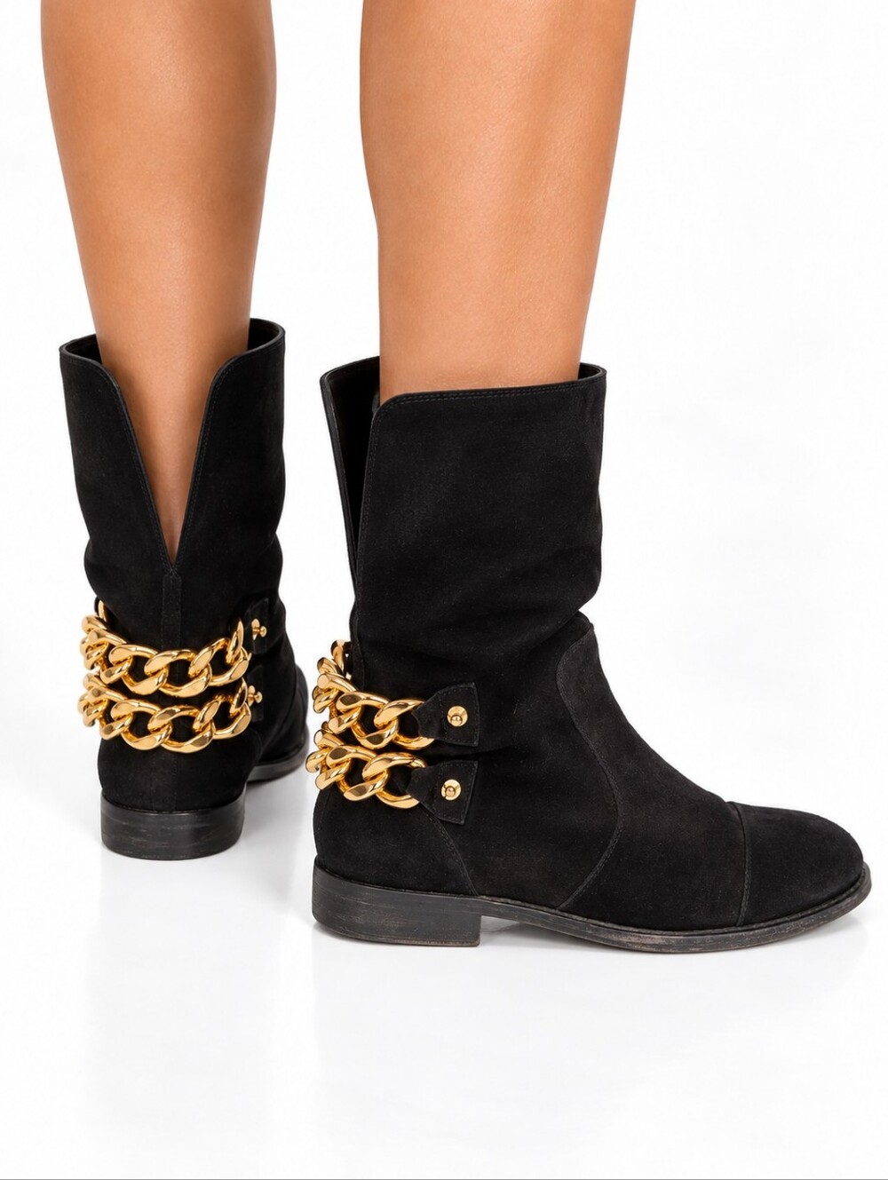 Giuseppe Zanotti Black Suede Double Gold Chain Pull On Boots Size 40